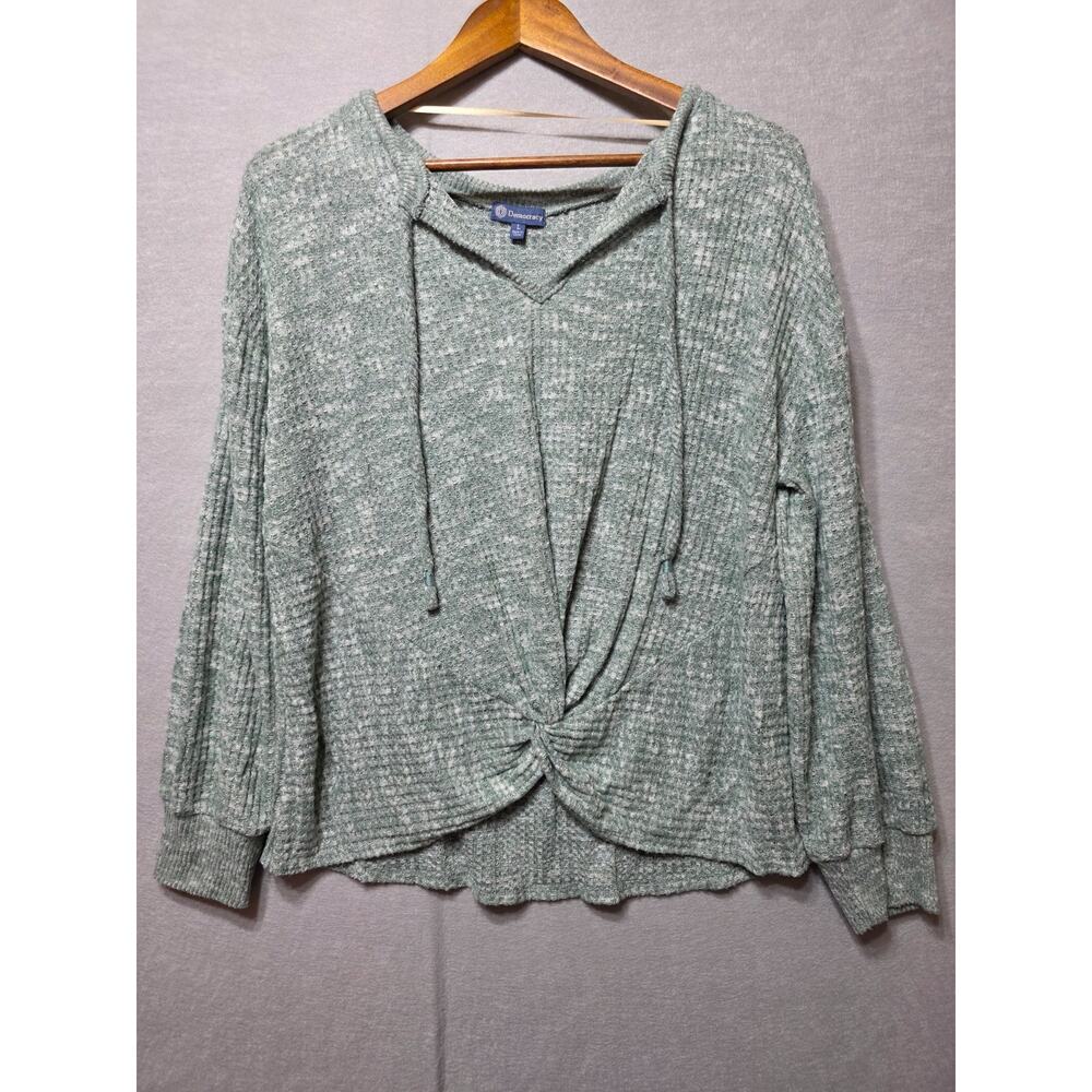 Democracy Women's Large Sage Green Waffle Knit Twist Front Long Sleeve Top